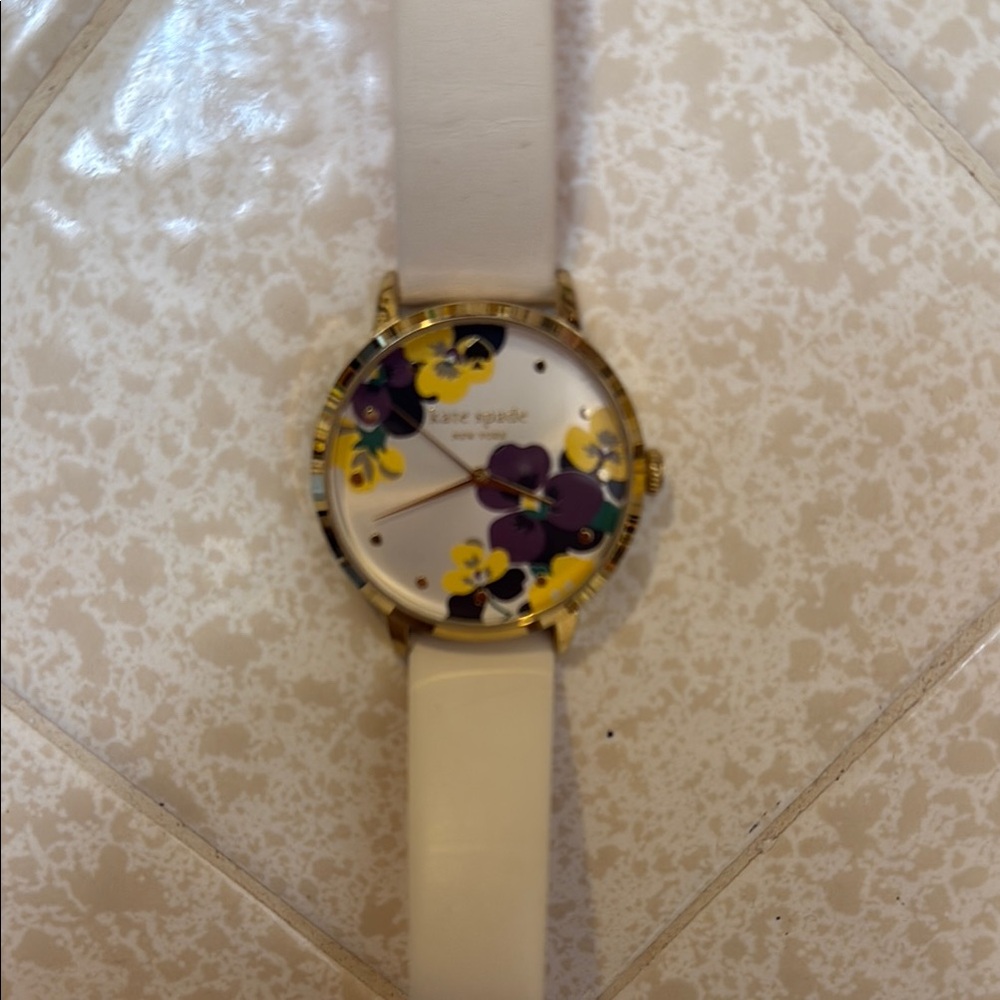 kate spade Gold-Tone Watch with White Strap and Yellow & Purple Floral Dial - Picture 4 of 5
